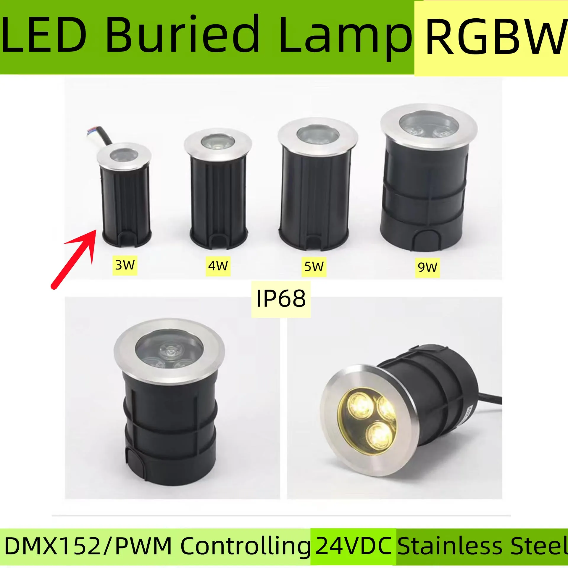 10Pack RGBW IP68 Waterproof Outdoor LED Underground Light 3W 24V Deck light Buried Lamp Spotlight for Pathway Driveway Garden Recessed Landscape with Stainless Steel Body PC Cover Tempering Glass Len