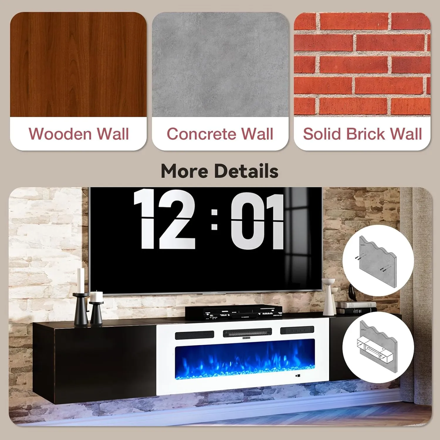 70" Floating Wall Mounted Fireplace TV Stand with Storage