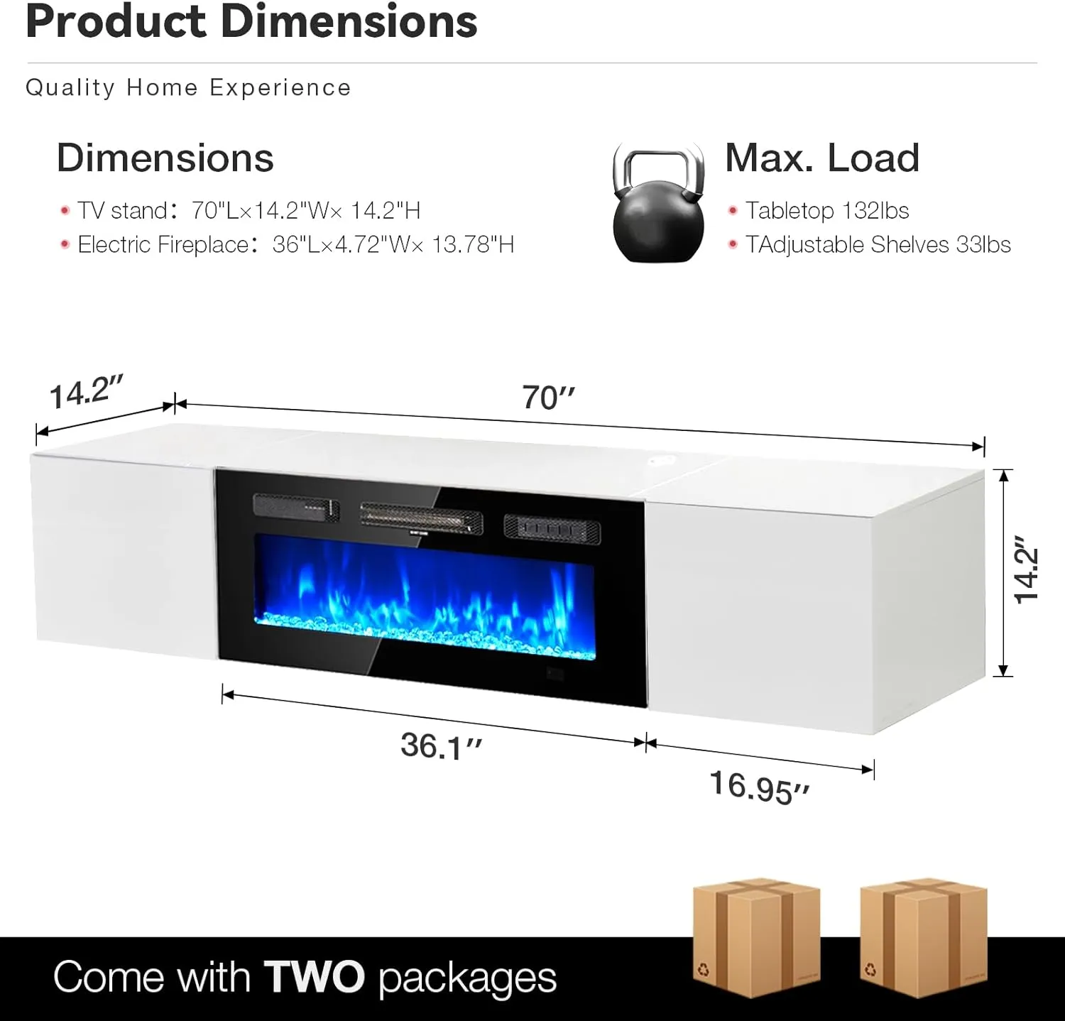 70" Floating Wall Mounted Fireplace TV Stand with Storage