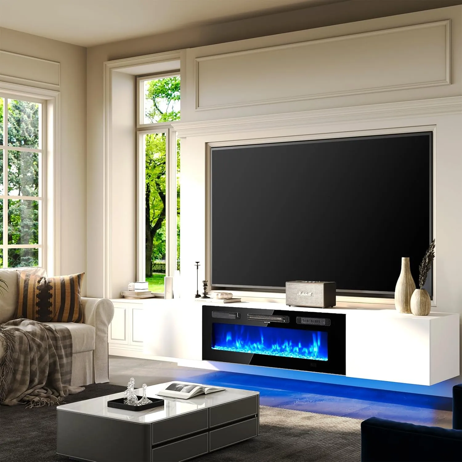 70" Floating Wall Mounted Fireplace TV Stand with Storage