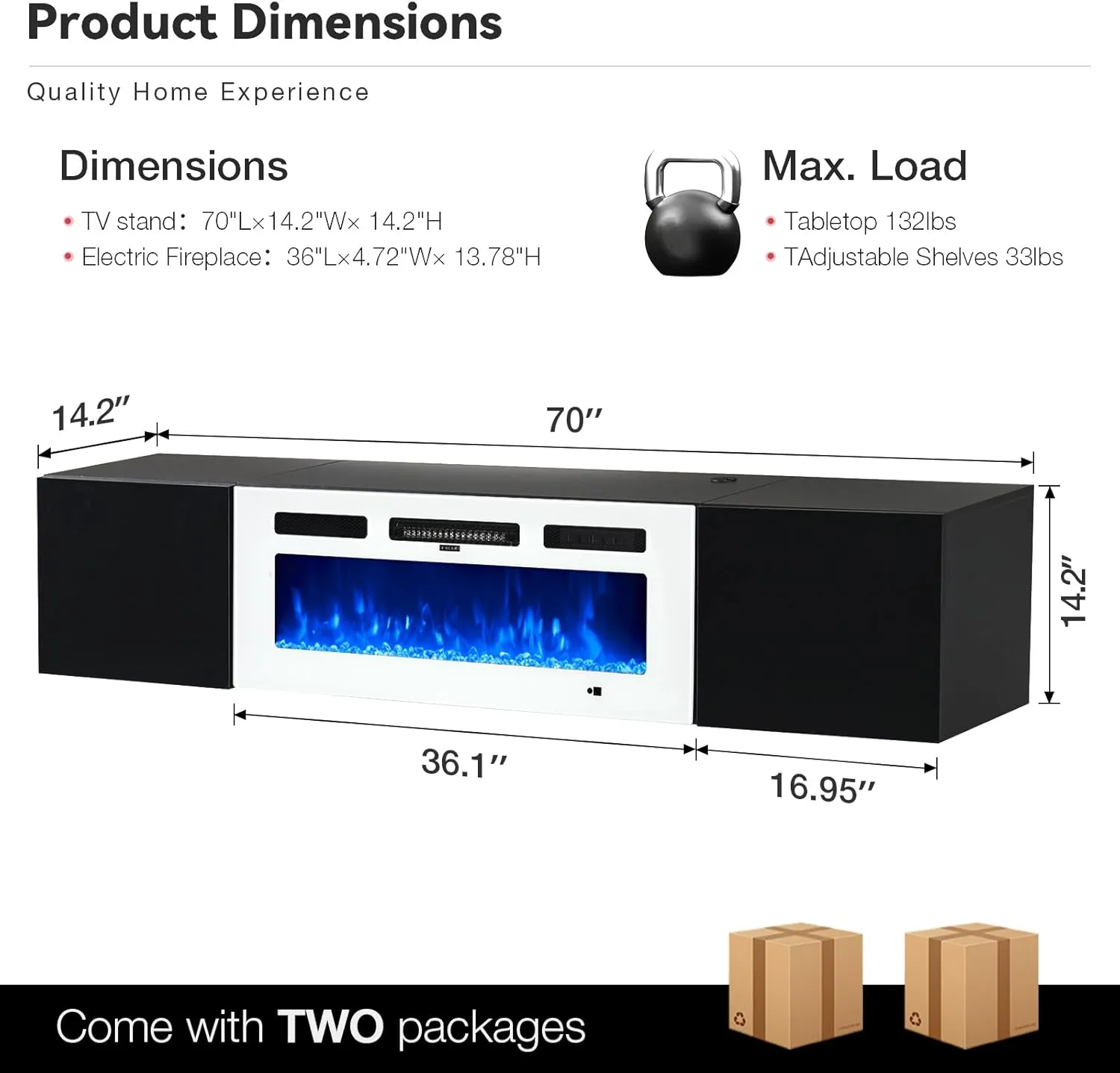 70" Floating Wall Mounted Fireplace TV Stand with Storage