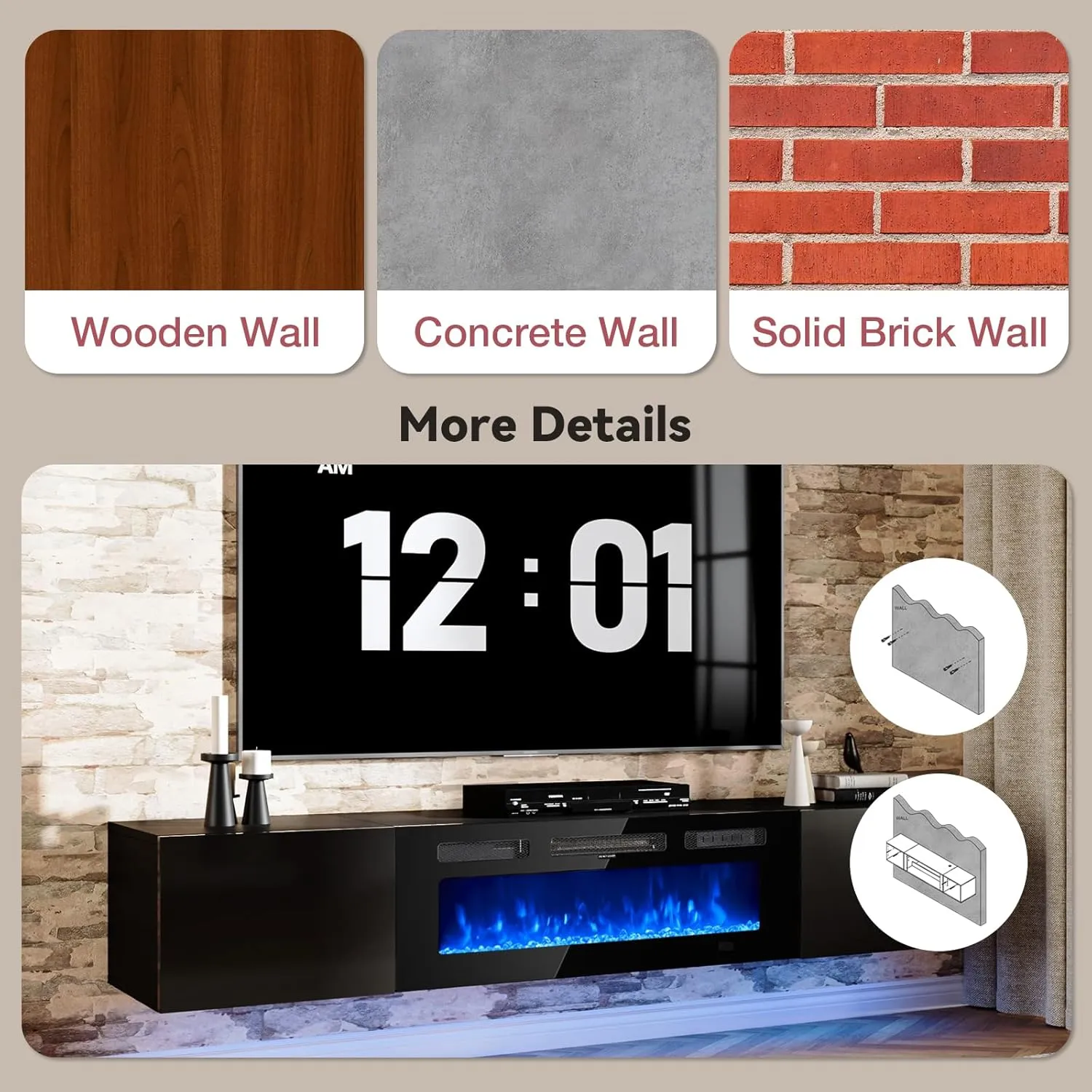 70" Floating Wall Mounted Fireplace TV Stand with Storage