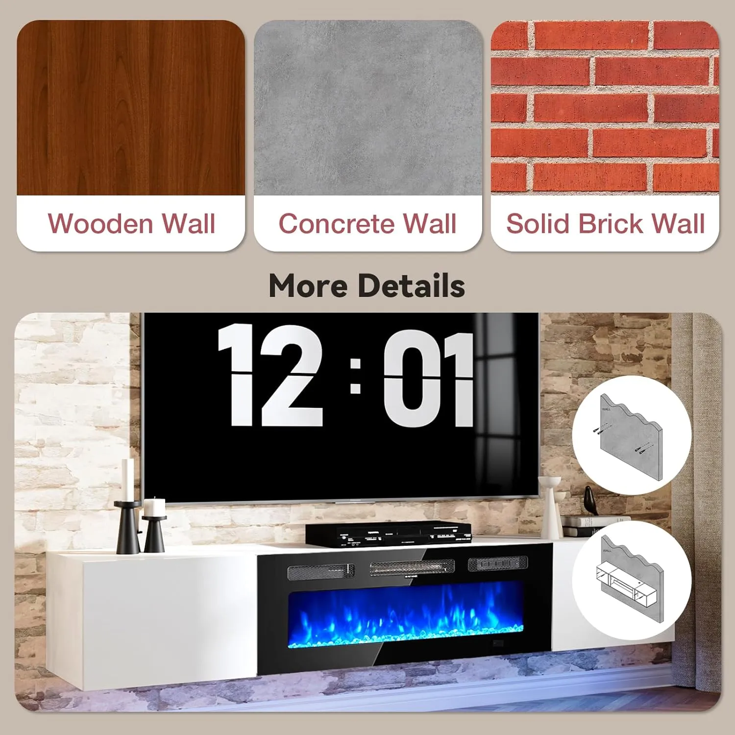 70" Floating Wall Mounted Fireplace TV Stand with Storage