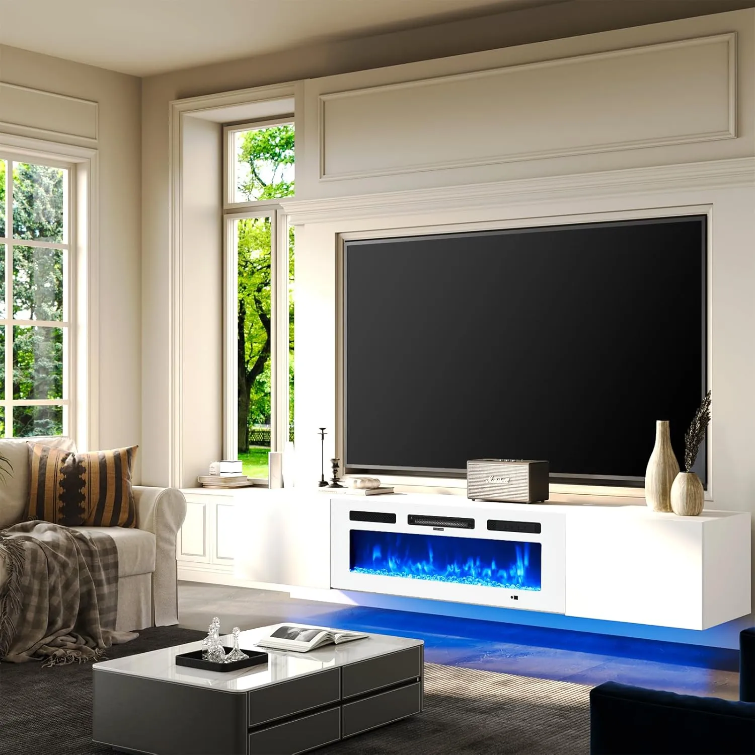 70" Floating Wall Mounted Fireplace TV Stand with Storage