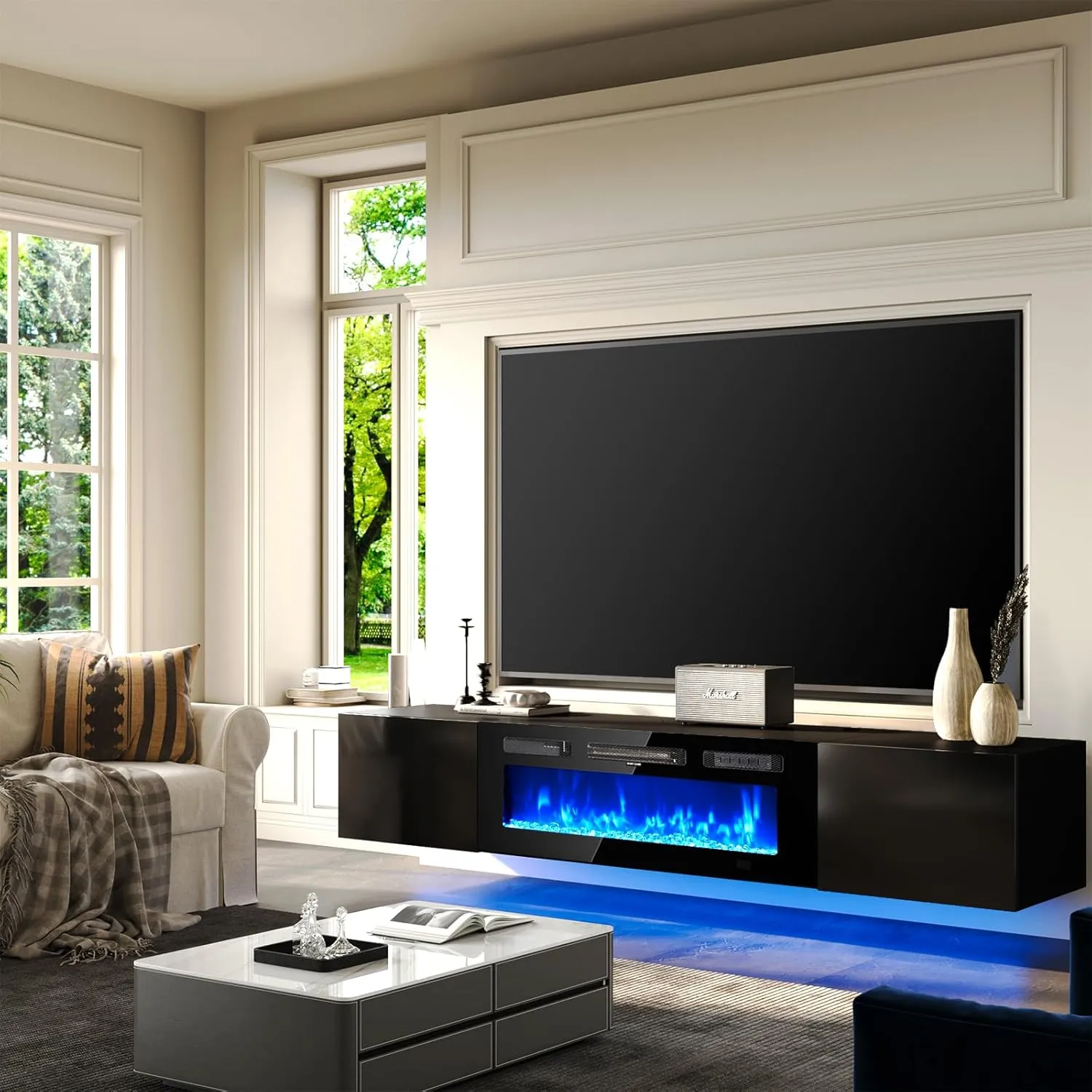 70" Floating Wall Mounted Fireplace TV Stand with Storage