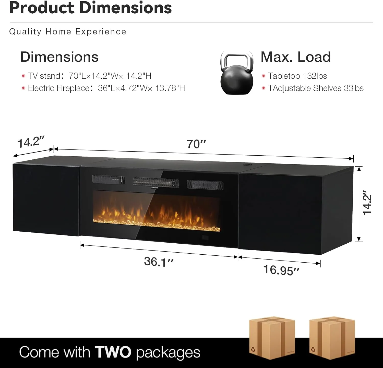 70" Floating Wall Mounted Fireplace TV Stand with Storage