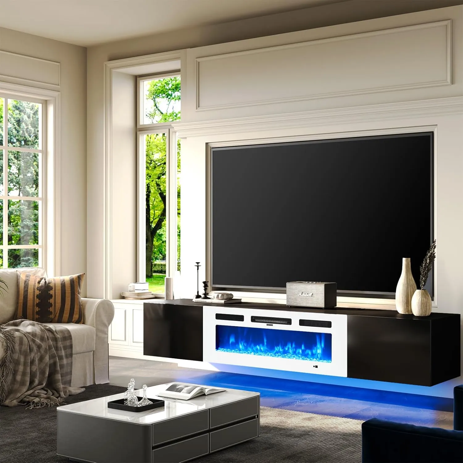 70" Floating Wall Mounted Fireplace TV Stand with Storage