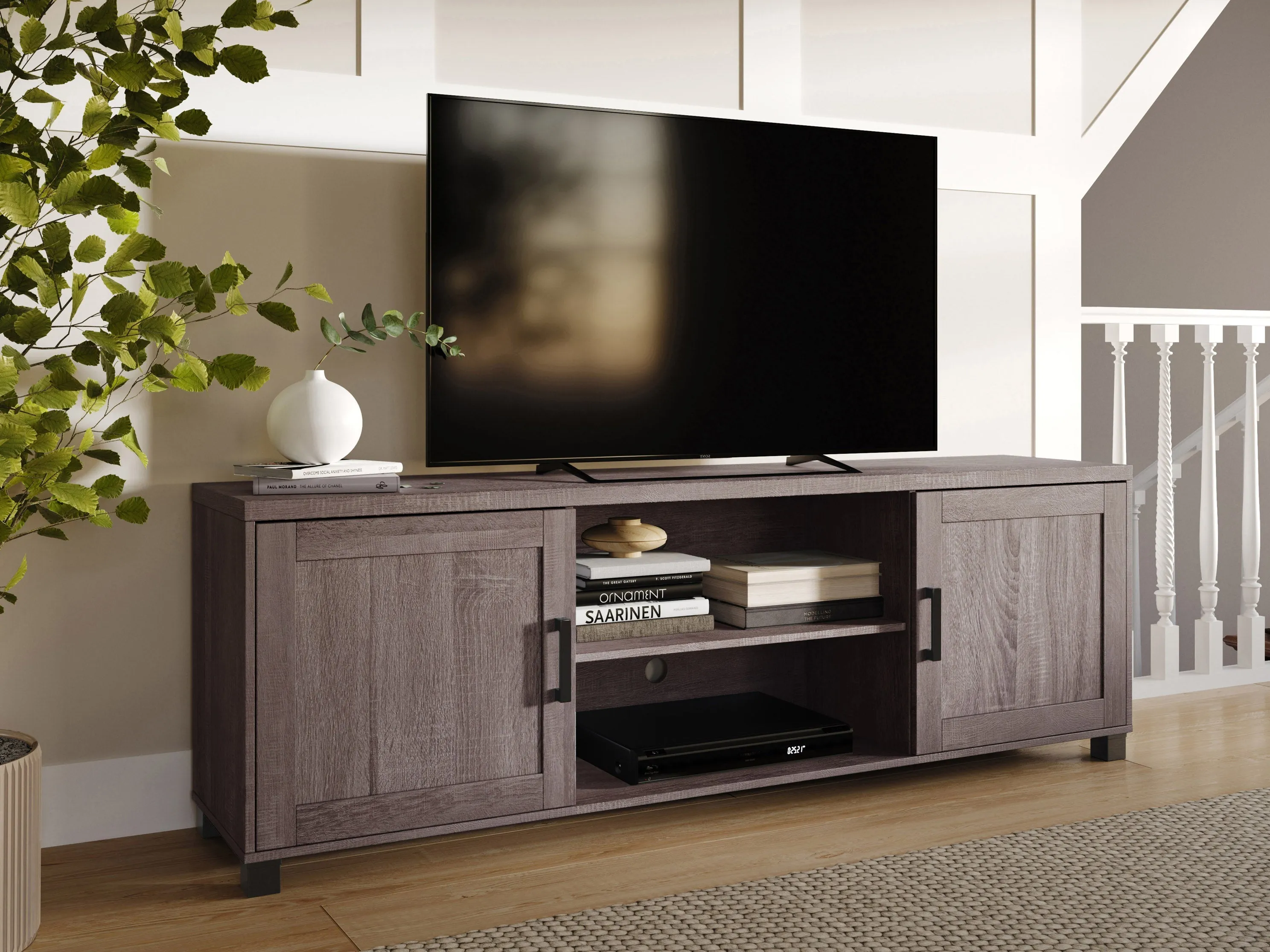 Brown TV Stand with Doors, TVs up to 85"