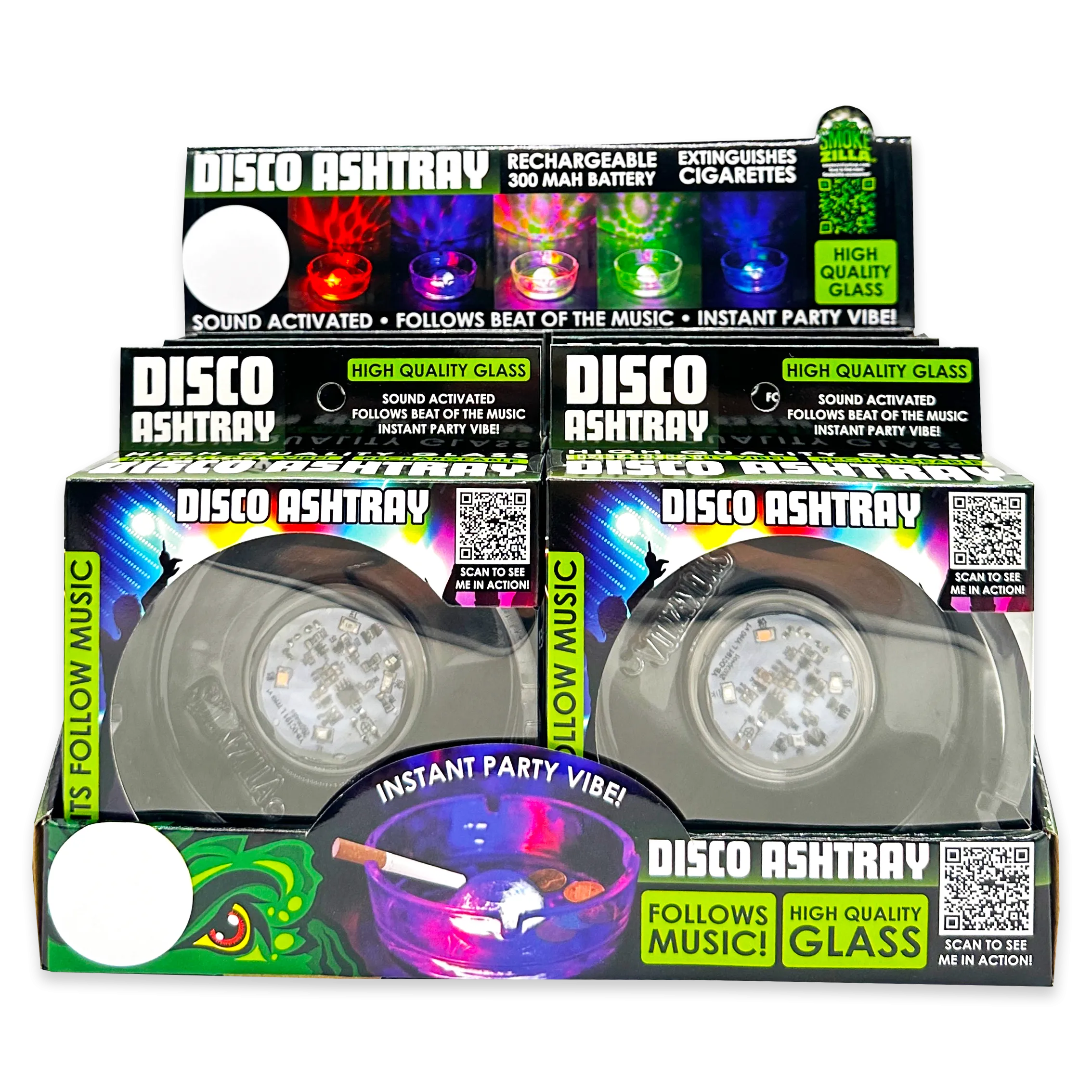 Disco Glass Ashtray with Sound Activated LED Lights - 6 Pieces Per Retail Ready Display 23743