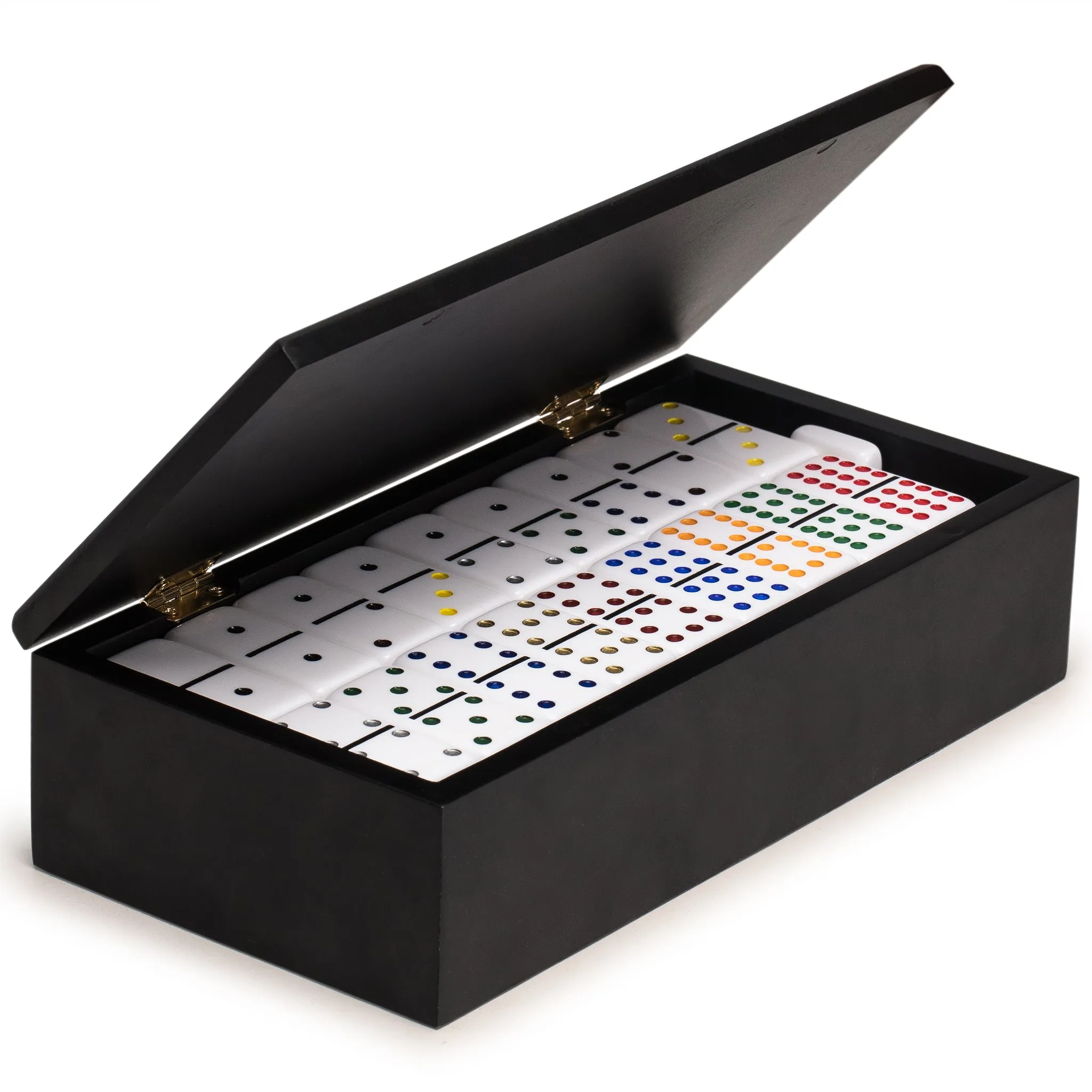 Double 12 Colored Pips/Dots Dominoes in Black Lacquer Case