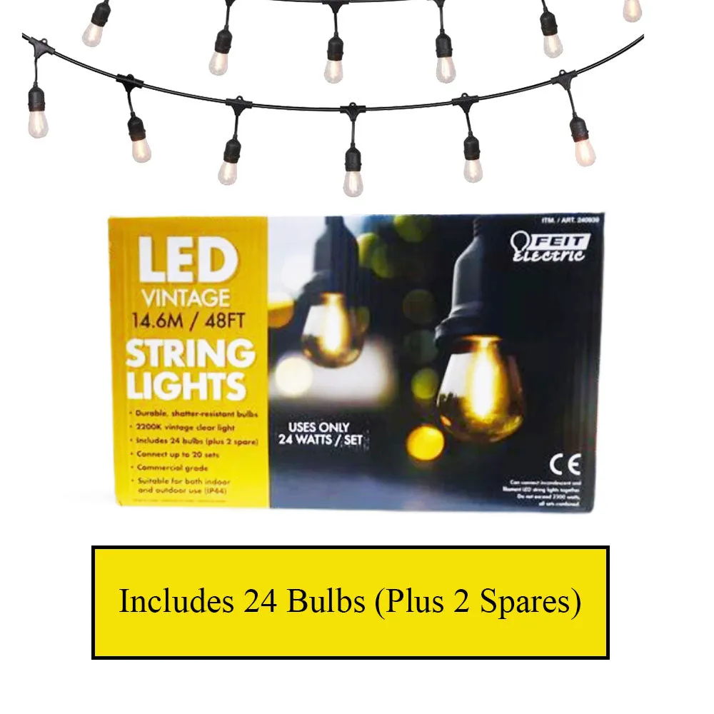 Feit 48ft (14.6 m) LED Indoor/Outdoor Weatherproof String Lights Set, LED Vintage lights, 24 bulbs  2 Spare bulbs, 24 Watts