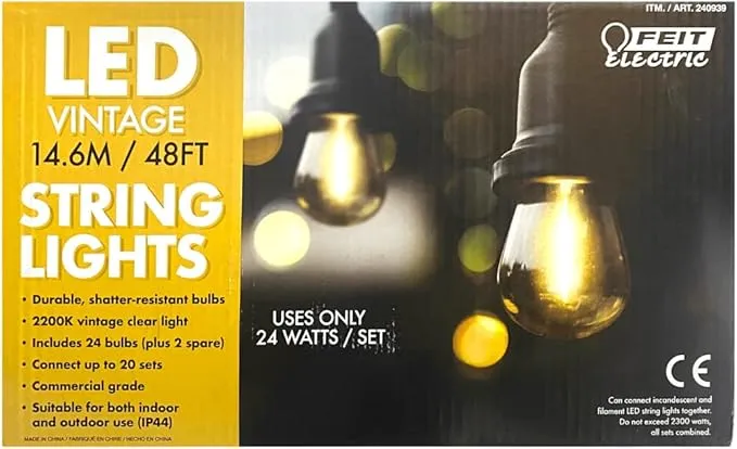 Feit 48ft (14.6 m) LED Indoor/Outdoor Weatherproof String Lights Set, LED Vintage lights, 24 bulbs  2 Spare bulbs, 24 Watts