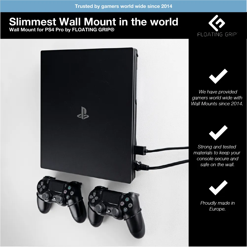 Floating Grip PS4 Pro & 2x Controllers Black Smart Wall Mount Bundle