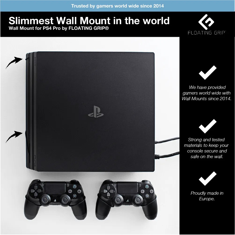 Floating Grip PS4 Pro & 2x Controllers Black Smart Wall Mount Bundle