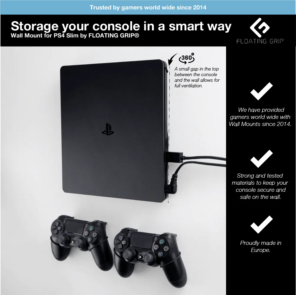 Floating Grip PS4 Slim & 2x Controllers Black Smart Wall Mount Bundle