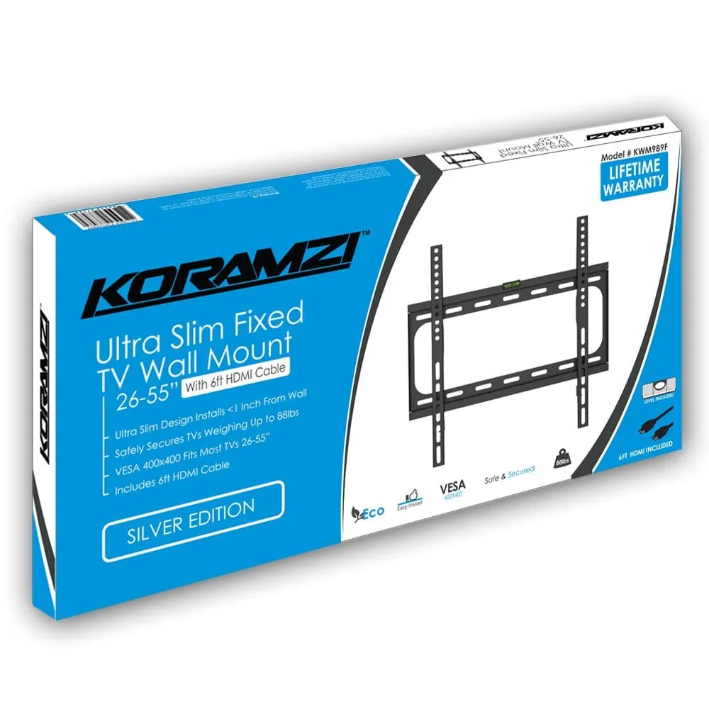 KORAMZI Fixed TV Wall Mounts Bracket Fits 26-55" TV's & 6 ft. HDMI Cable