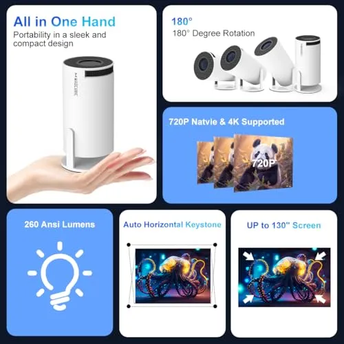 Magcubic Auto Keystone Mini Portable Projector, 4K/260 ANSI Smart Projector with WiFi 6 BT 5.0, Screen Adjustment, 180 Degree Rotation, Home Video Projector Built-in Android 11.0 OS