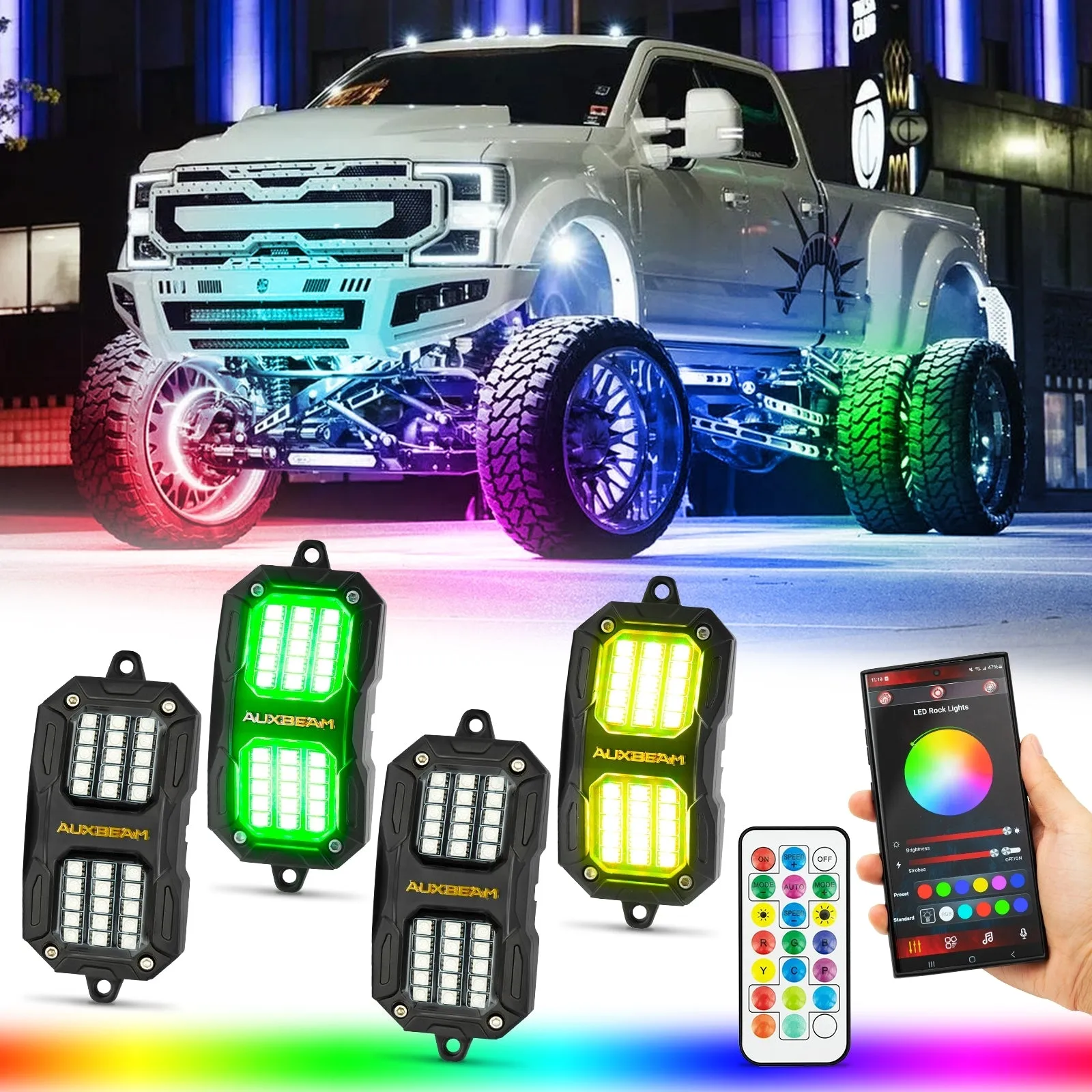 NEW Vibrant Series | 4PCS RGB LED Rock Lights Kit Multicolor Neon Underglow Lights with Bluetooth APP & Remote Control