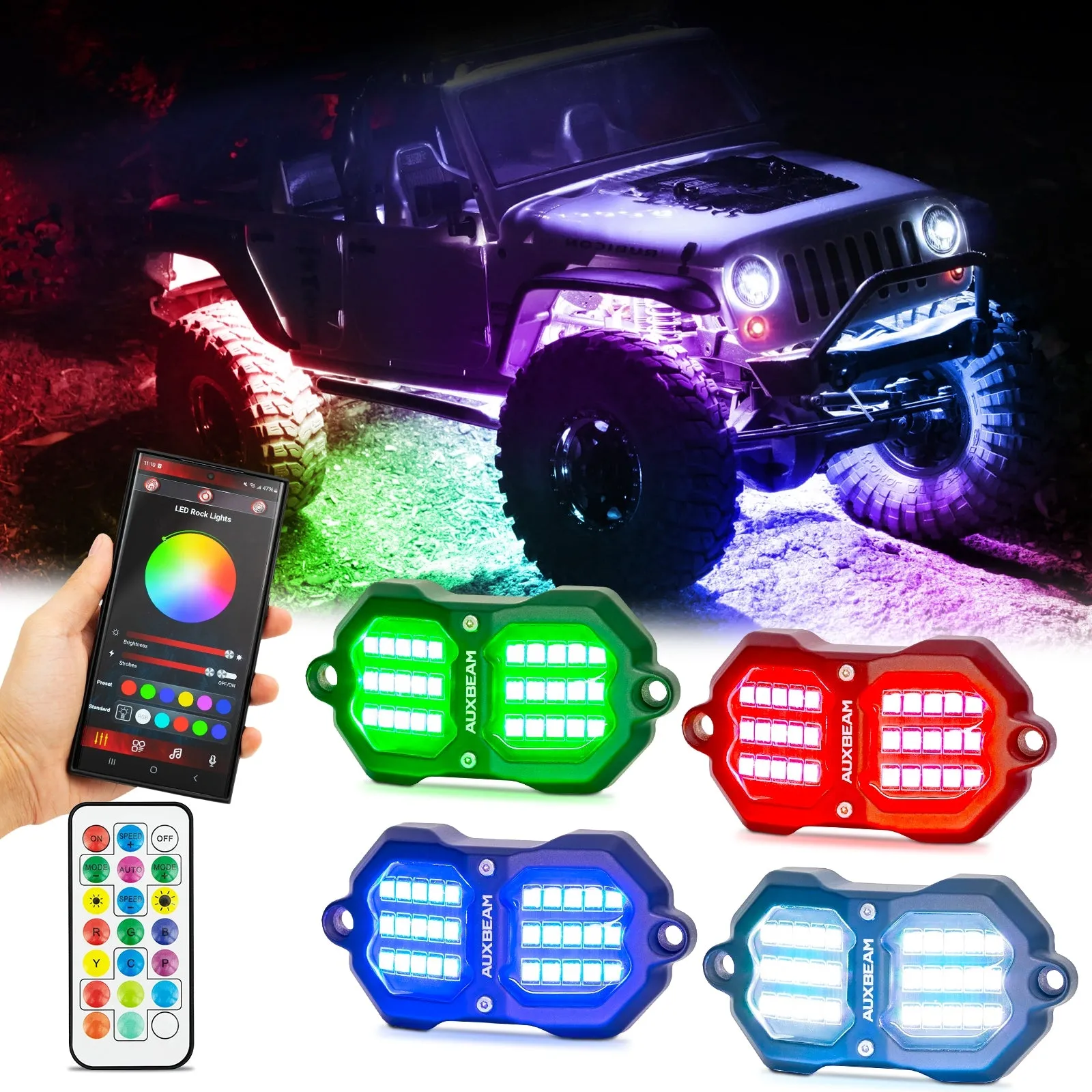 NEW Vibrant Series | Upgraded RGB LED Rock Lights Kit Multicolor Neon Underglow Lights with Bluetooth APP & Remote Control