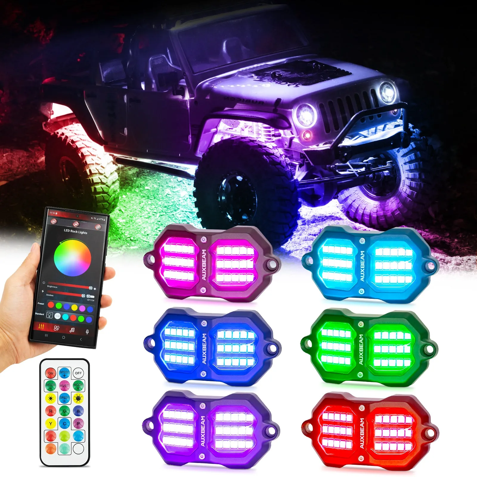 NEW Vibrant Series | Upgraded RGB LED Rock Lights Kit Multicolor Neon Underglow Lights with Bluetooth APP & Remote Control