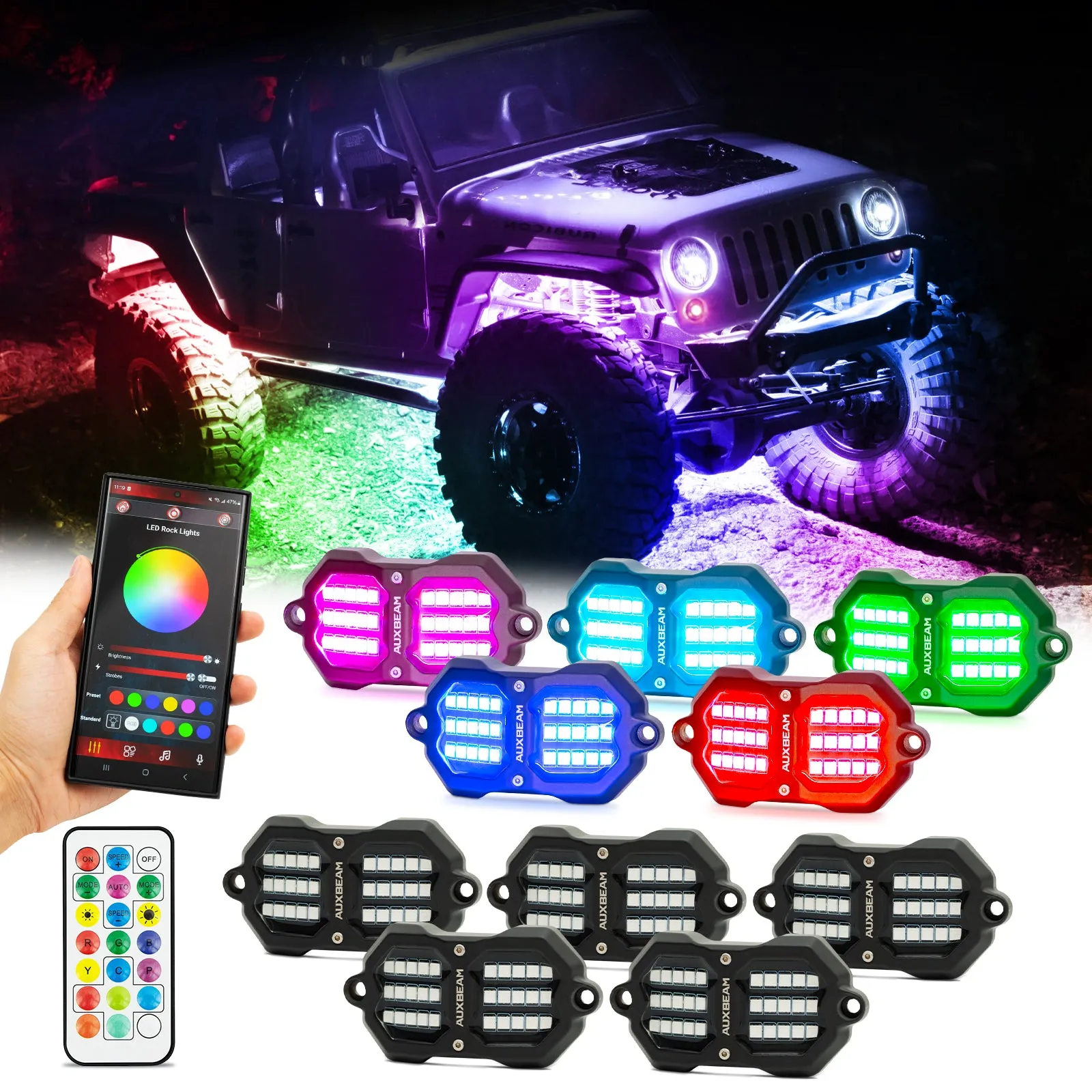 NEW Vibrant Series | Upgraded RGB LED Rock Lights Kit Multicolor Neon Underglow Lights with Bluetooth APP & Remote Control