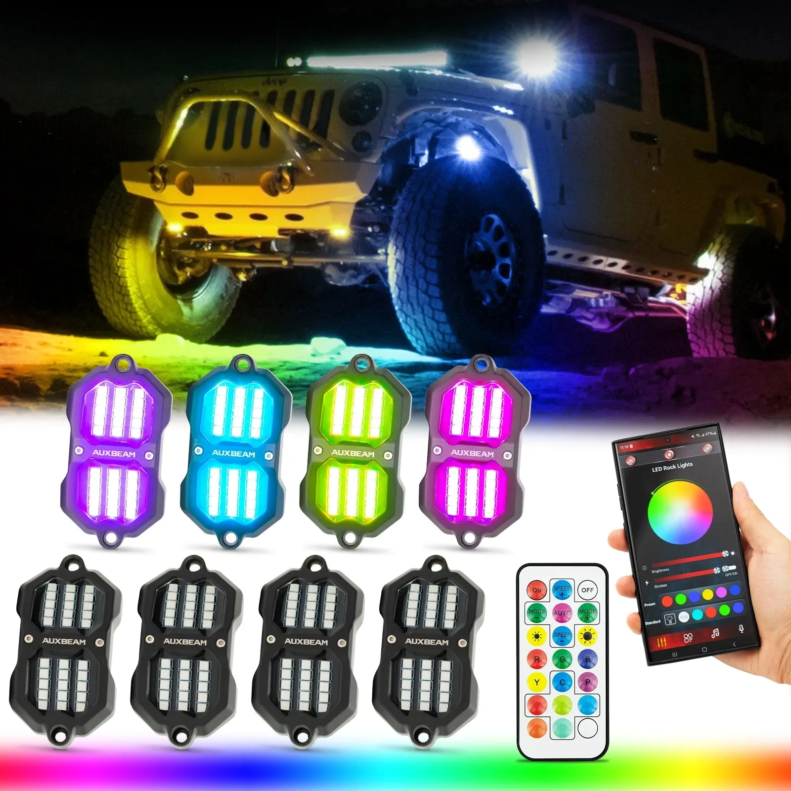 NEW Vibrant Series | Upgraded RGB LED Rock Lights Kit Multicolor Neon Underglow Lights with Bluetooth APP & Remote Control