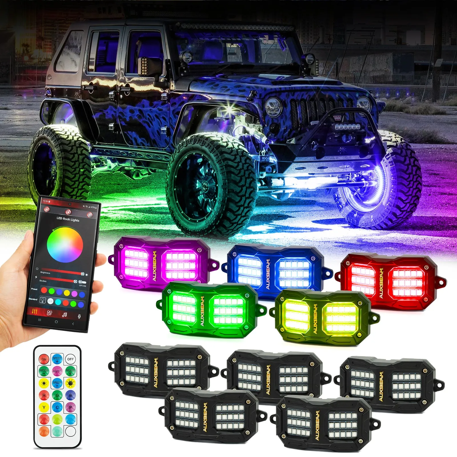 NEW Vibrant Series | Upgraded RGB LED Rock Lights Kit Multicolor Neon Underglow Lights with Bluetooth APP & Remote Control