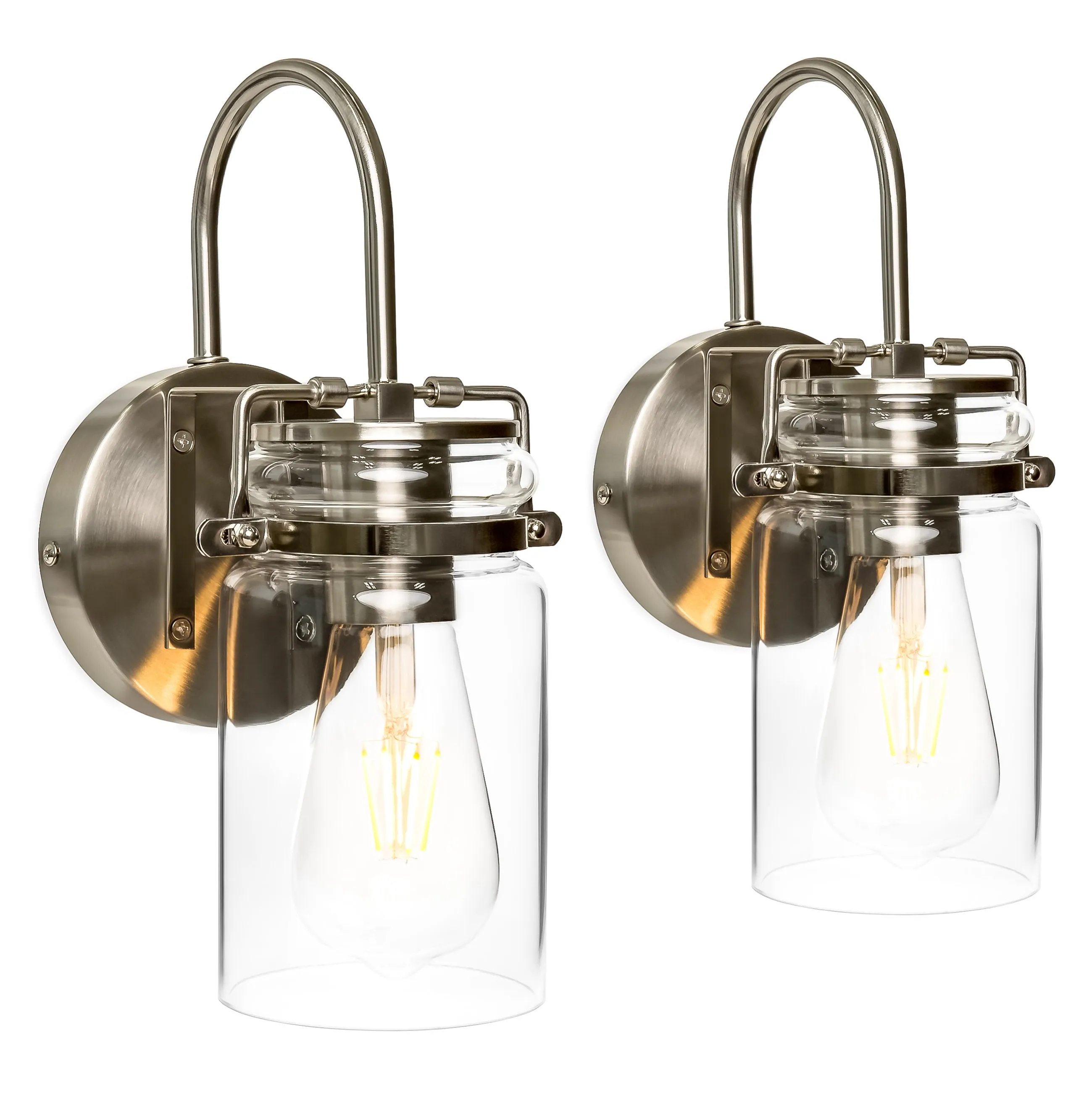 Set of 2 Industrial Sconces w/ Glass Shade - Silver