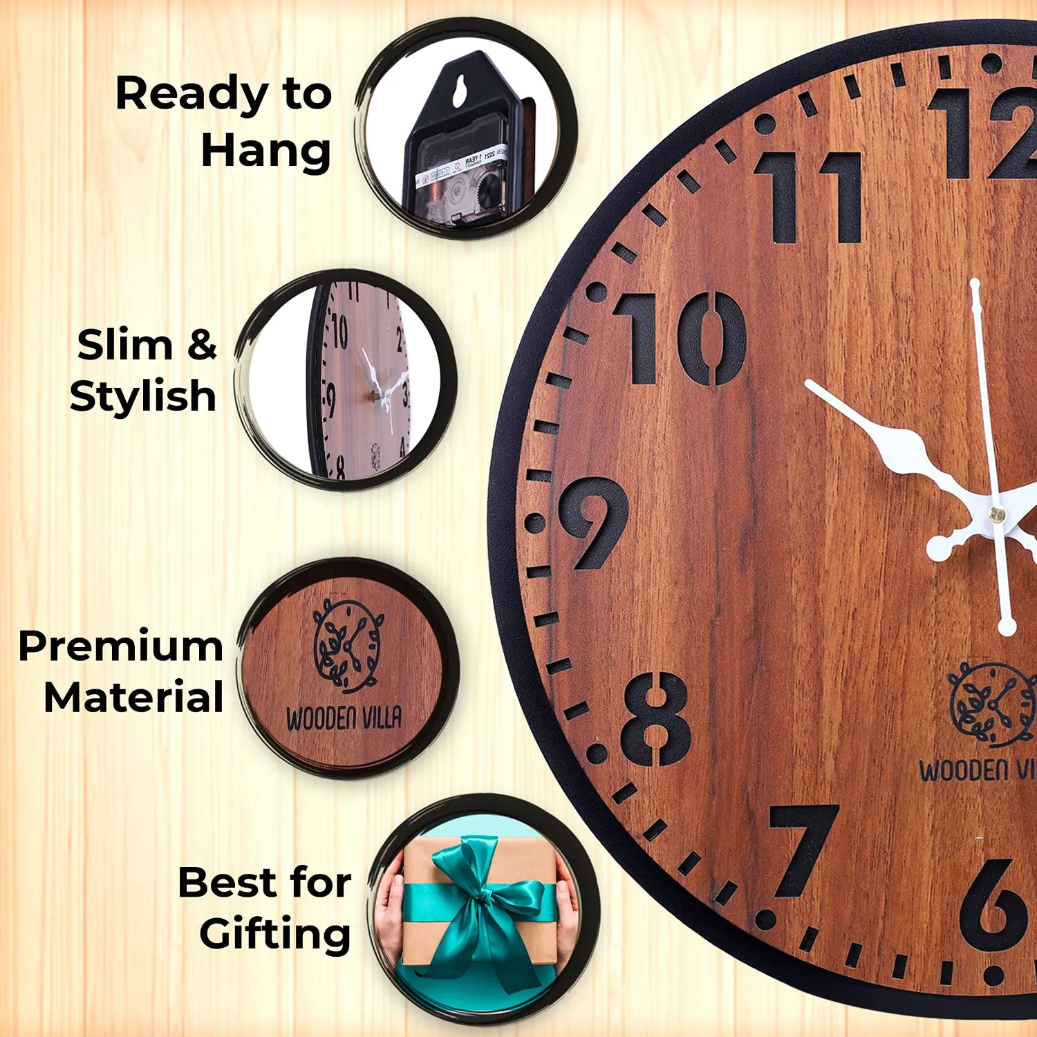 WOODEN VILLA Wooden Wall Clock (Brown, 30x30 cm)