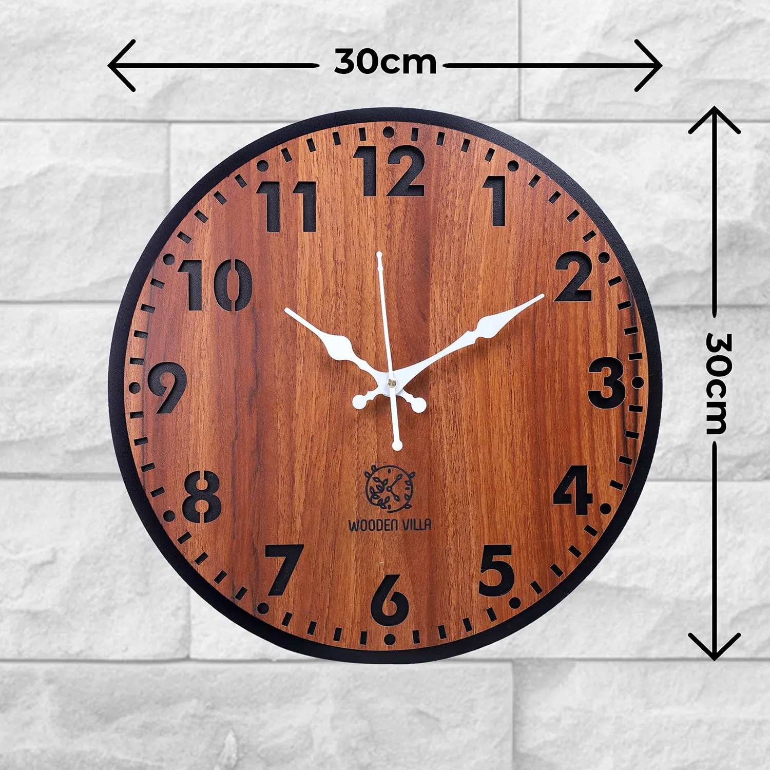 WOODEN VILLA Wooden Wall Clock (Brown, 30x30 cm)