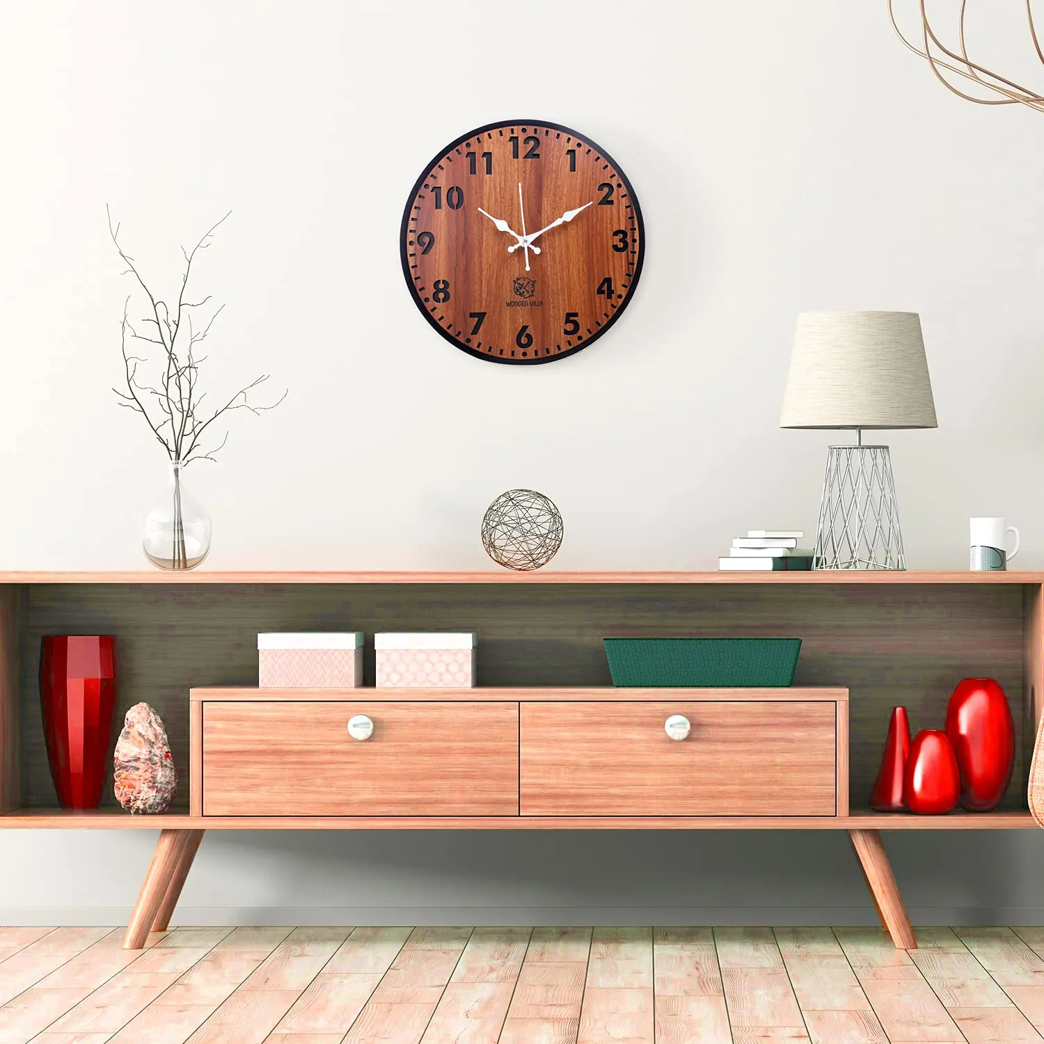 WOODEN VILLA Wooden Wall Clock (Brown, 30x30 cm)