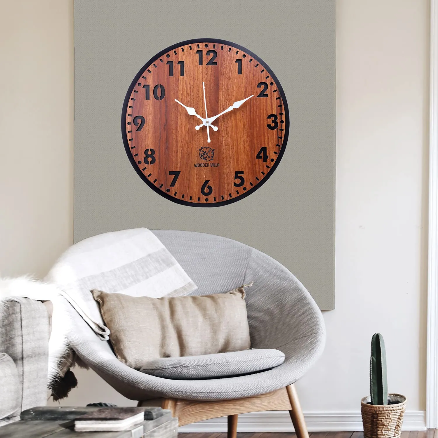 WOODEN VILLA Wooden Wall Clock (Brown, 30x30 cm)