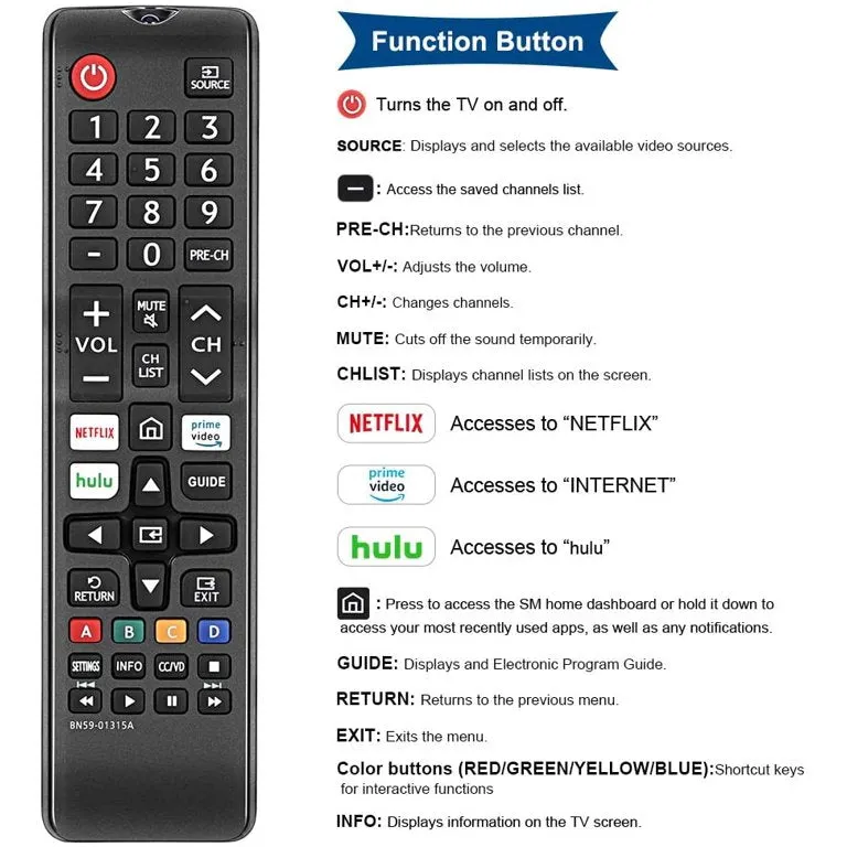 Xtrasaver BN59-01315A Universal Remote Control for All Samsung TV Remote LCD LED QLED SUHD UHD HDTV Curved Plasma 4K 3D Smart TVs, with Shortcuts for Netflix, Smart Hub